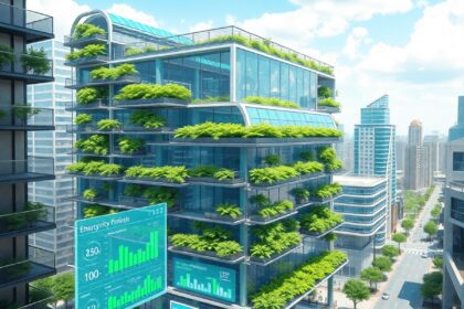 Un bâtiment intelligent futuriste avec des panneaux solaires et des jardins verticaux, situé dans un environnement urbain dynamique, présentant des...