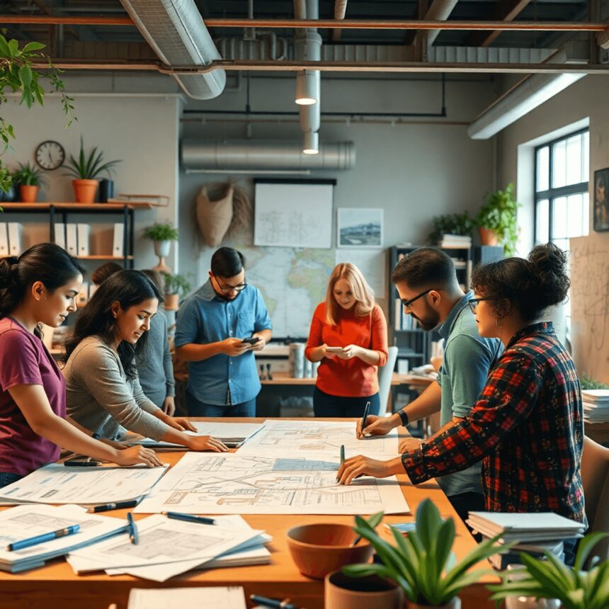 Un atelier animé avec des individus collaborant sur la conception urbaine, entourés de croquis, de plans et de matériaux écologiques, mettant en av...