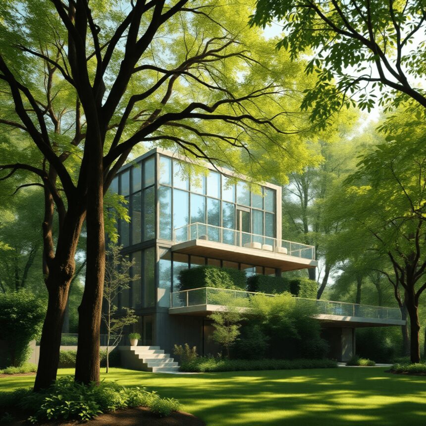 Un bâtiment bioclimatique s'intègre harmonieusement à une végétation luxuriante, avec la lumière du soleil filtrant à travers les arbres, créant un...