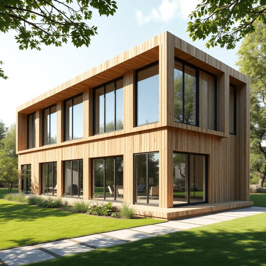 Un bâtiment moderne écologique en bois et en béton de chanvre, avec de grandes fenêtres et entouré d'une végétation luxuriante, illustrant une cons...