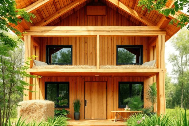 Une maison moderne écologique en bois et en paille, entourée d'une végétation luxuriante, mettant en valeur des éléments de construction durables e...