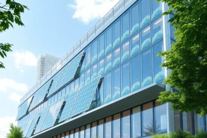 Un bâtiment intelligent moderne doté de panneaux solaires et de technologies écologiques, entouré d'une verdure luxuriante, illustrant l'innovation...
