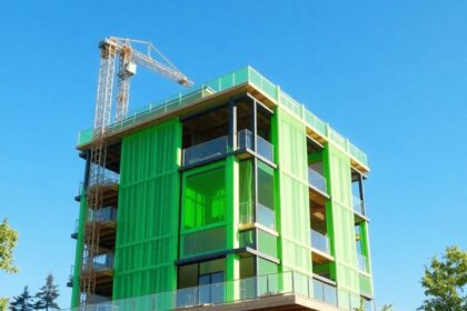 Un bâtiment moderne écologique en construction, mettant en avant des matériaux verts et des panneaux solaires, entouré d'arbres et de plantes sous ...