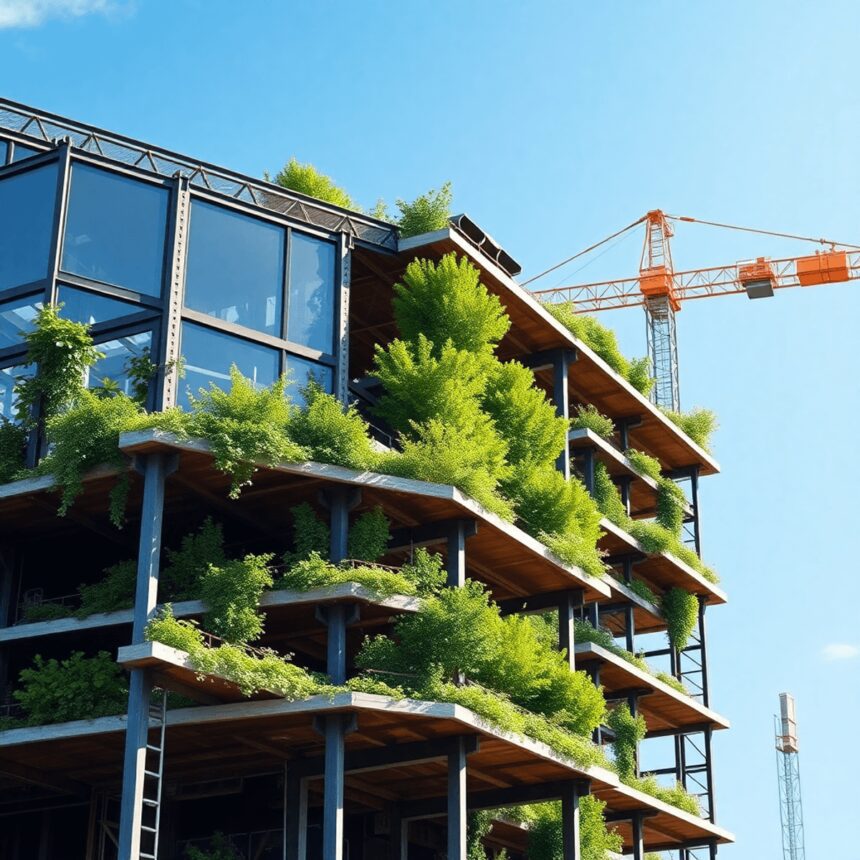 Un chantier de construction moderne mettant en avant des matériaux écologiques, une intégration de la verdure et un ciel bleu clair, soulignant la ...