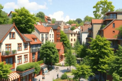 Un écoquartier vivant avec différents styles de logements, des espaces verts, des arbres et des jardins, comprenant des commerces et des parcs dans...