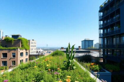 Un jardin sur le toit verdoyant d'un bâtiment moderne, rempli de plantes et de fleurs diverses, sous un ciel bleu dégagé, favorisant la tranquillit...