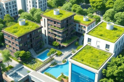 Un paysage urbain moderne avec des bâtiments durables, des toits végétalisés et des symboles de conservation de l'eau, entouré d'une végétation lux...