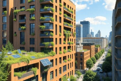 Un paysage urbain vibrant avec des bâtiments innovants en bois et en béton, des toits verts et des panneaux solaires, entouré d'une végétation luxu...