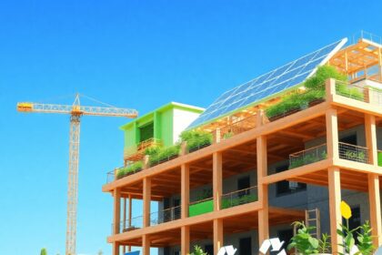 Un site de construction moderne avec des panneaux solaires et des matériaux écologiques, avec des icônes de recyclage et des plantes, sur fond de c...