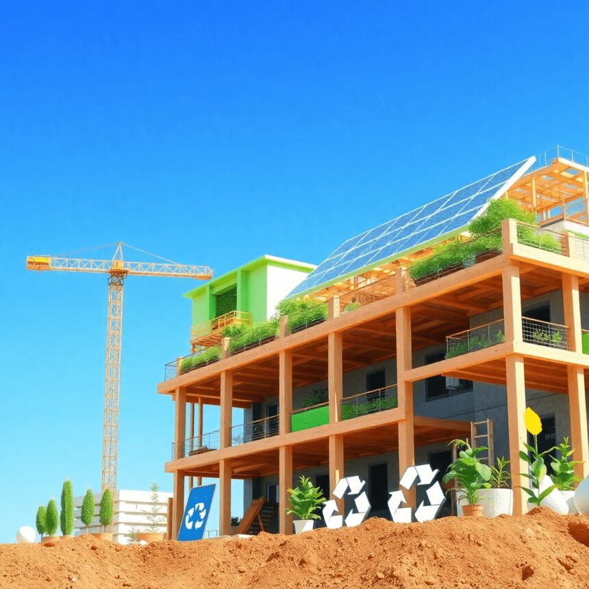 Un site de construction moderne avec des panneaux solaires et des matériaux écologiques, avec des icônes de recyclage et des plantes, sur fond de c...