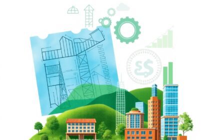 Une représentation abstraite de la collaboration interdisciplinaire dans la construction durable, mettant en vedette des plans, des engrenages et d...