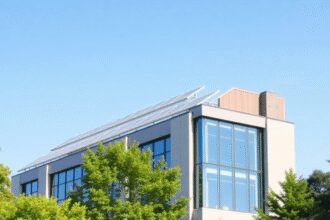 Bâtiment commercial moderne avec des panneaux solaires sur le toit, entouré d'arbres verts sous un ciel bleu clair, symbolisant l'efficacité énergé...