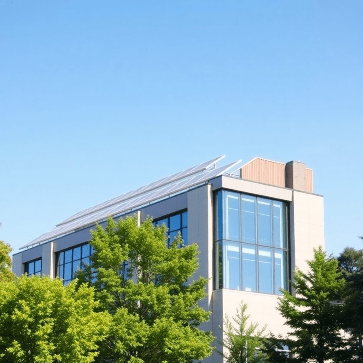 Bâtiment commercial moderne avec des panneaux solaires sur le toit, entouré d'arbres verts sous un ciel bleu clair, symbolisant l'efficacité énergé...