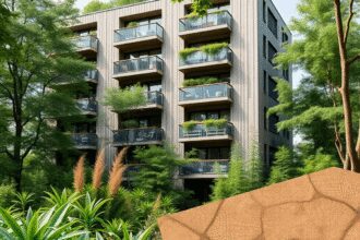 Bâtiment d'appartements moderne et écologique avec des plantes vertes, des arbres et des matériaux d'isolation naturels comme la fibre de bois, la ...