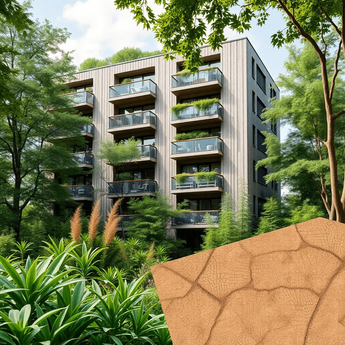 Bâtiment d'appartements moderne et écologique avec des plantes vertes, des arbres et des matériaux d'isolation naturels comme la fibre de bois, la ...
