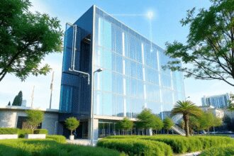 Bâtiment intelligent moderne avec des capteurs de débit d'eau numériques et une irrigation automatisée, entouré d'un aménagement paysager urbain ve...