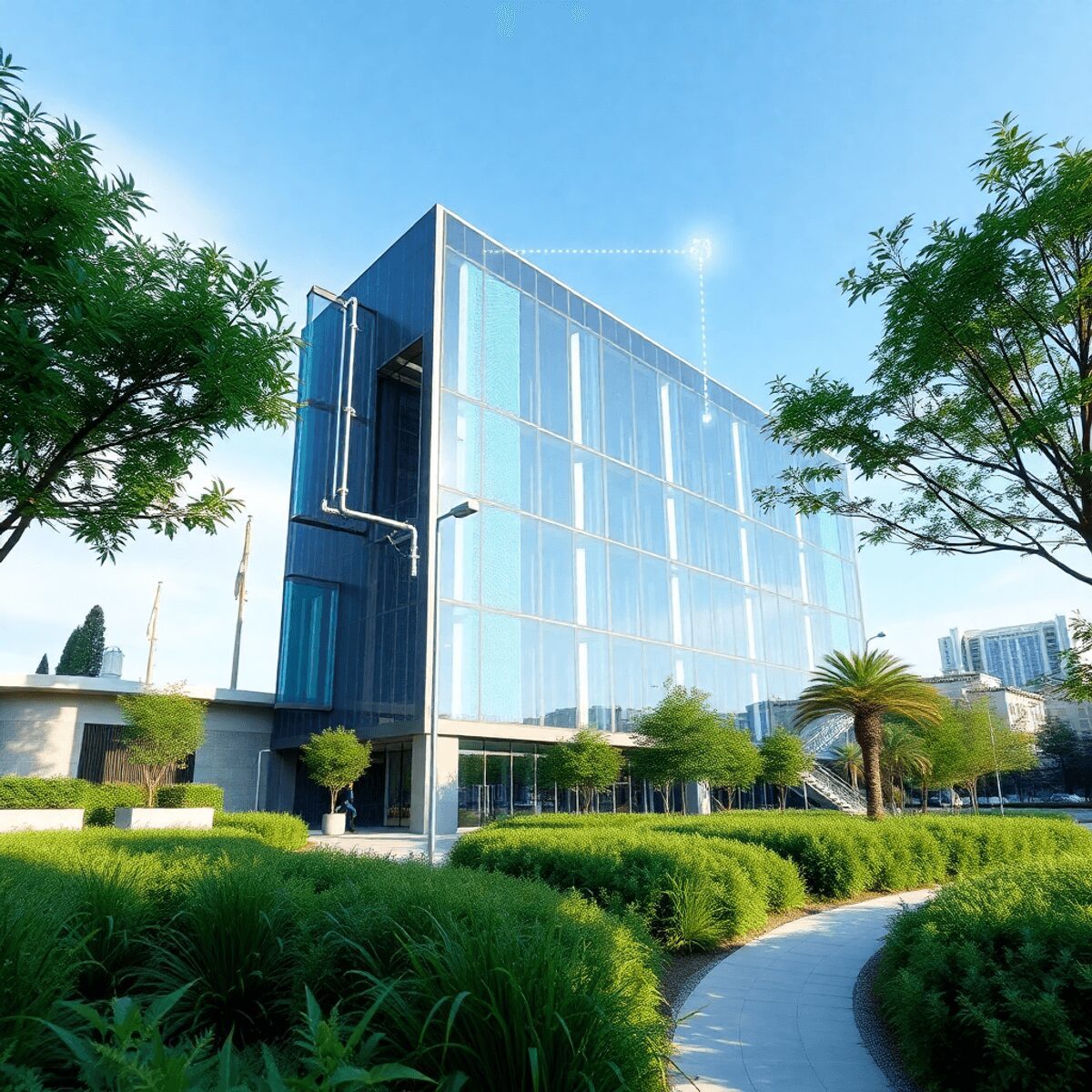Bâtiment intelligent moderne avec des capteurs de débit d'eau numériques et une irrigation automatisée, entouré d'un aménagement paysager urbain ve...