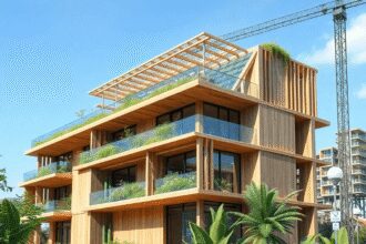 Bâtiment moderne durable en construction avec du bois, du béton, des plantes vertes, des panneaux solaires et des superpositions numériques BIM met...
