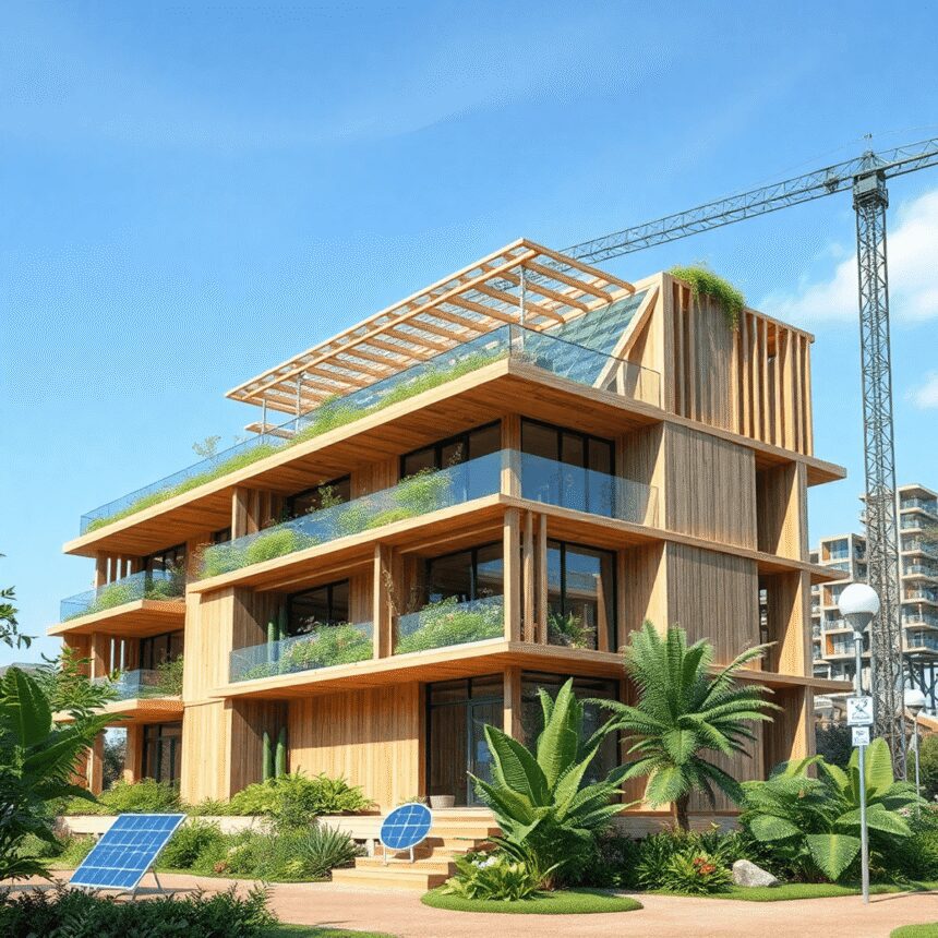 Bâtiment moderne durable en construction avec du bois, du béton, des plantes vertes, des panneaux solaires et des superpositions numériques BIM met...