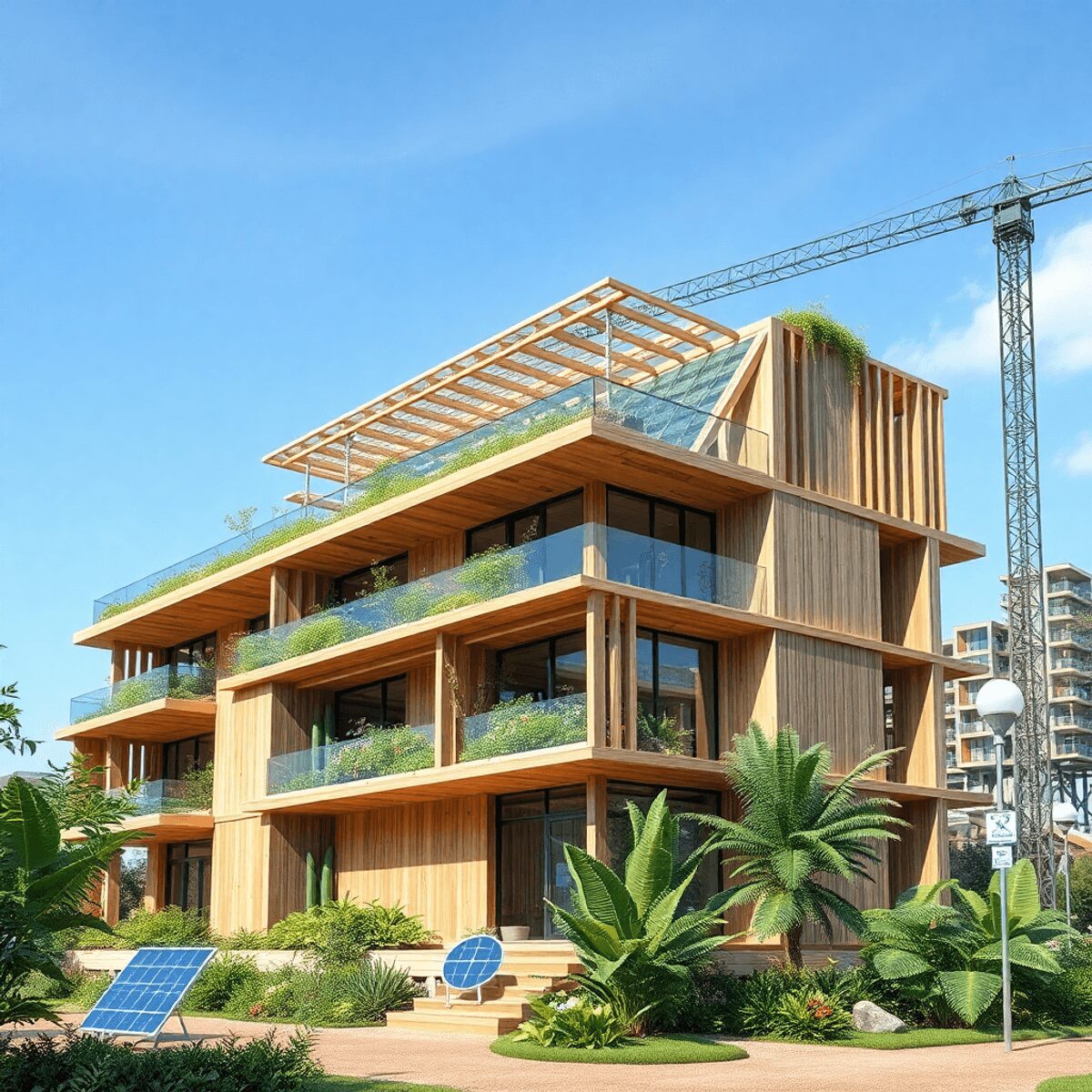 Bâtiment moderne durable en construction avec du bois, du béton, des plantes vertes, des panneaux solaires et des superpositions numériques BIM met...