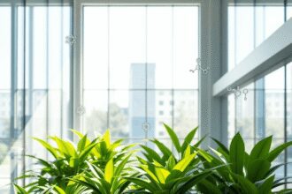 Bâtiment moderne durable entouré de plantes vertes, atmosphère écologique lumineuse avec des icônes scientifiques subtiles de molécules et de bioma...
