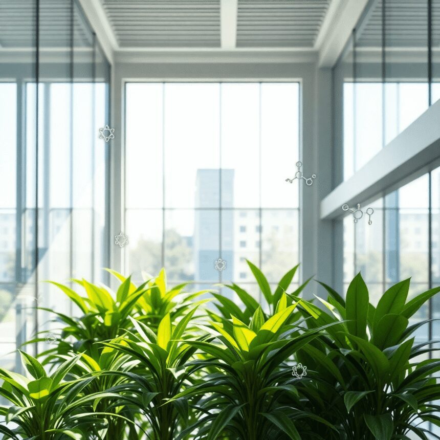 Bâtiment moderne durable entouré de plantes vertes, atmosphère écologique lumineuse avec des icônes scientifiques subtiles de molécules et de bioma...