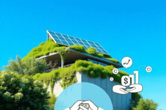 Bâtiment moderne écologique avec panneaux solaires, entouré de verdure, mains échangeant des pièces de monnaie, icônes d'investissement numérique, ...