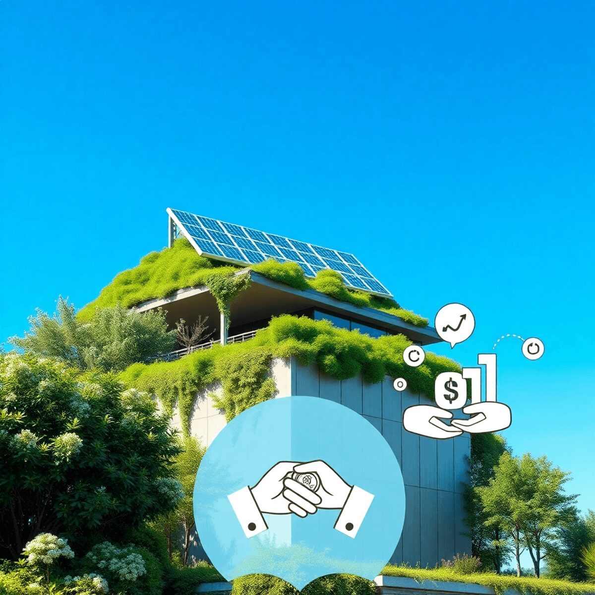 Bâtiment moderne écologique avec panneaux solaires, entouré de verdure, mains échangeant des pièces de monnaie, icônes d'investissement numérique, ...