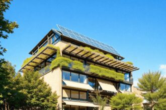 Bâtiment urbain moderne et durable avec des panneaux solaires, de grandes fenêtres ombragées, entouré de verdure sous un ciel bleu clair.