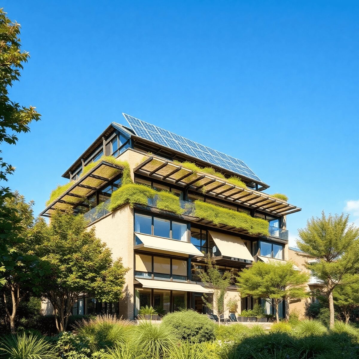 Bâtiment urbain moderne et durable avec des panneaux solaires, de grandes fenêtres ombragées, entouré de verdure sous un ciel bleu clair.
