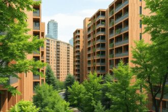 Bâtiments modernes écologiques avec des éléments en bois au milieu d'arbres verts luxuriants, alliant la vie urbaine à la sylviculture durable dans...