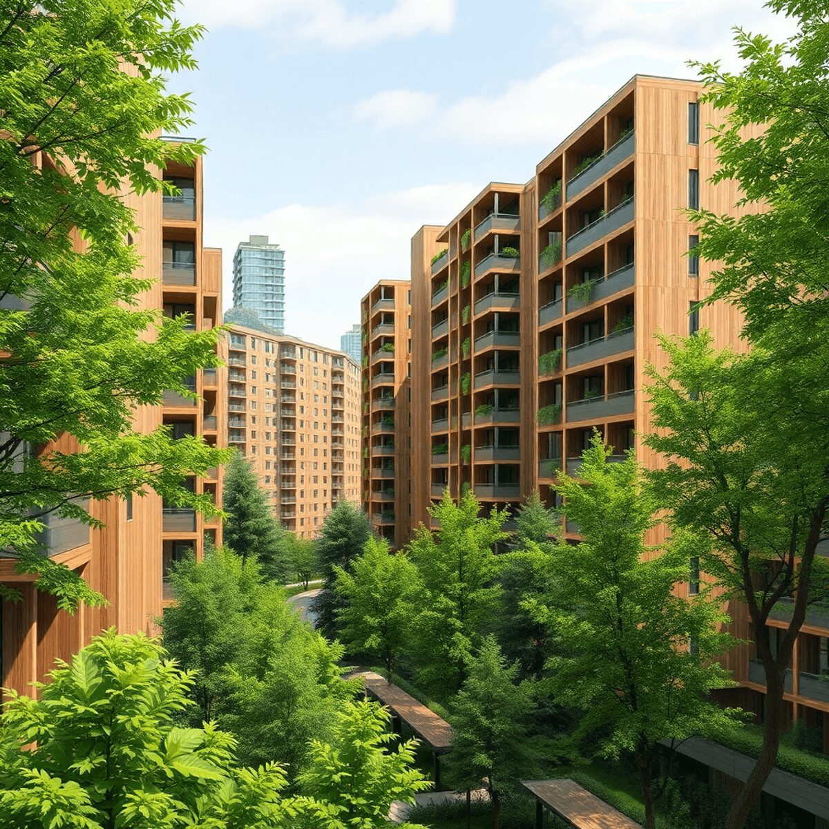 Bâtiments modernes écologiques avec des éléments en bois au milieu d'arbres verts luxuriants, alliant la vie urbaine à la sylviculture durable dans...
