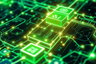 Blocs de blockchain interconnectés et lumineux en vert et bleu, symbolisant une technologie de registre numérique sécurisée, transparente et respec...