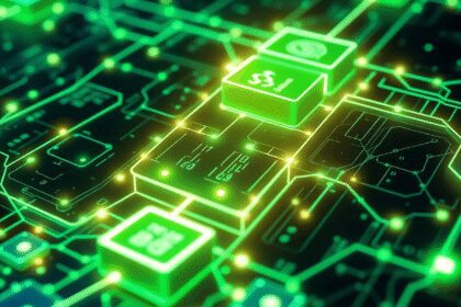Blocs de blockchain interconnectés et lumineux en vert et bleu, symbolisant une technologie de registre numérique sécurisée, transparente et respec...
