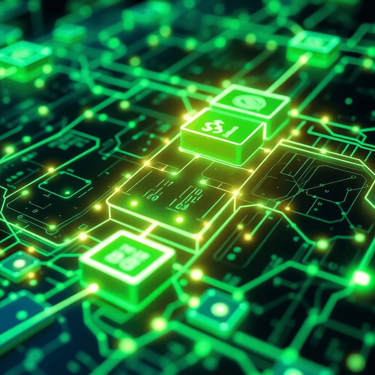 Blocs de blockchain interconnectés et lumineux en vert et bleu, symbolisant une technologie de registre numérique sécurisée, transparente et respec...