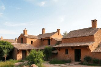 Campagne française rustique avec des bâtiments traditionnels en terre cuite et en adobe entourés de verdure sous un ciel dégagé, mettant en valeur ...