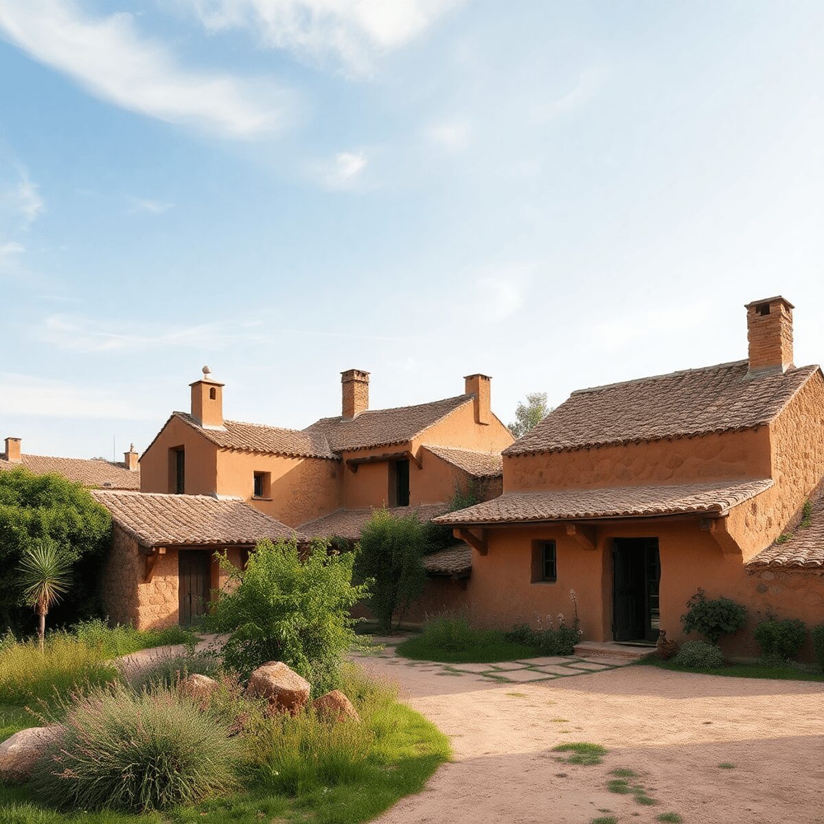 Campagne française rustique avec des bâtiments traditionnels en terre cuite et en adobe entourés de verdure sous un ciel dégagé, mettant en valeur ...