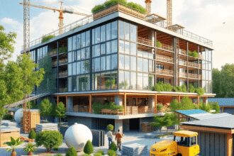 Chantier de construction avec des matériaux recyclés, des machines écologiques, des plantes et des panneaux solaires illustrant les principes de la...