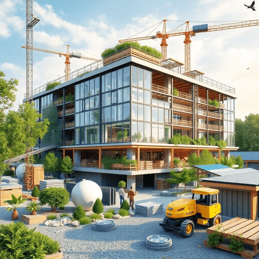 Chantier de construction avec des matériaux recyclés, des machines écologiques, des plantes et des panneaux solaires illustrant les principes de la...
