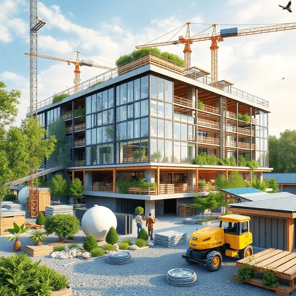 Chantier de construction avec des matériaux recyclés, des machines écologiques, des plantes et des panneaux solaires illustrant les principes de la...