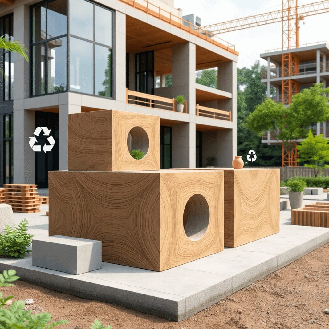 Valorisation des déchets plastiques dans le secteur du bâtiment : innovations récentes Chantier de construction moderne avec des blocs de béton infusés de bois écologiques, des symboles de recyclage, une architecture durable et un env...