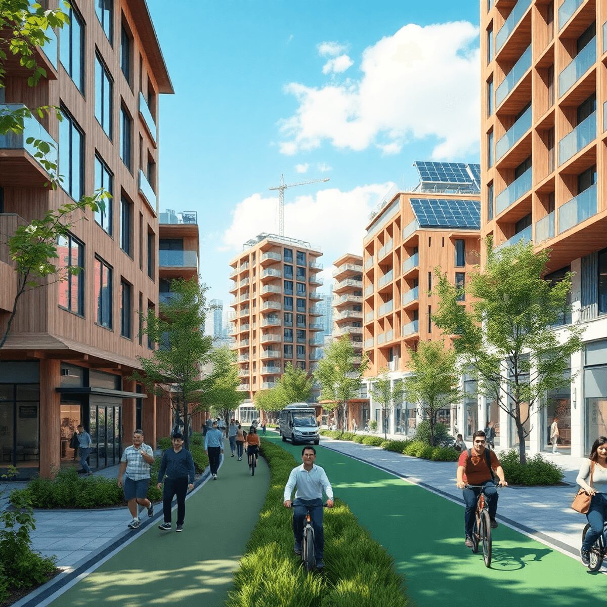 Des personnes marchent et font du vélo sur des chemins verts bordés d'arbres, des bâtiments écologiques avec des panneaux solaires, sous un ciel bl...