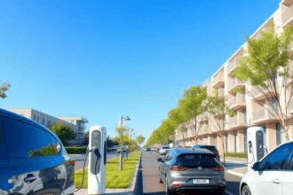 Des véhicules électriques se rechargeant dans des stations futuristes dans un quartier urbain vert et propre sous un ciel bleu éclatant.