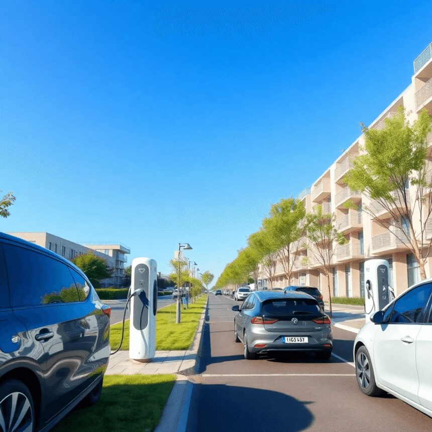 Des véhicules électriques se rechargeant dans des stations futuristes dans un quartier urbain vert et propre sous un ciel bleu éclatant.