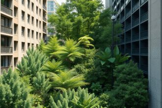 Forêt urbaine dense avec des arbres et des arbustes indigènes entre des bâtiments modernes sous un ciel dégagé, mettant en valeur un espace vert du...