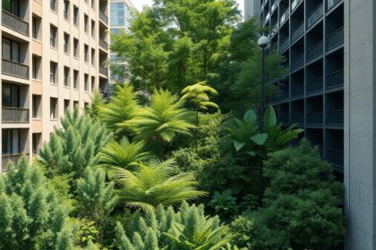 Forêt urbaine dense avec des arbres et des arbustes indigènes entre des bâtiments modernes sous un ciel dégagé, mettant en valeur un espace vert du...
