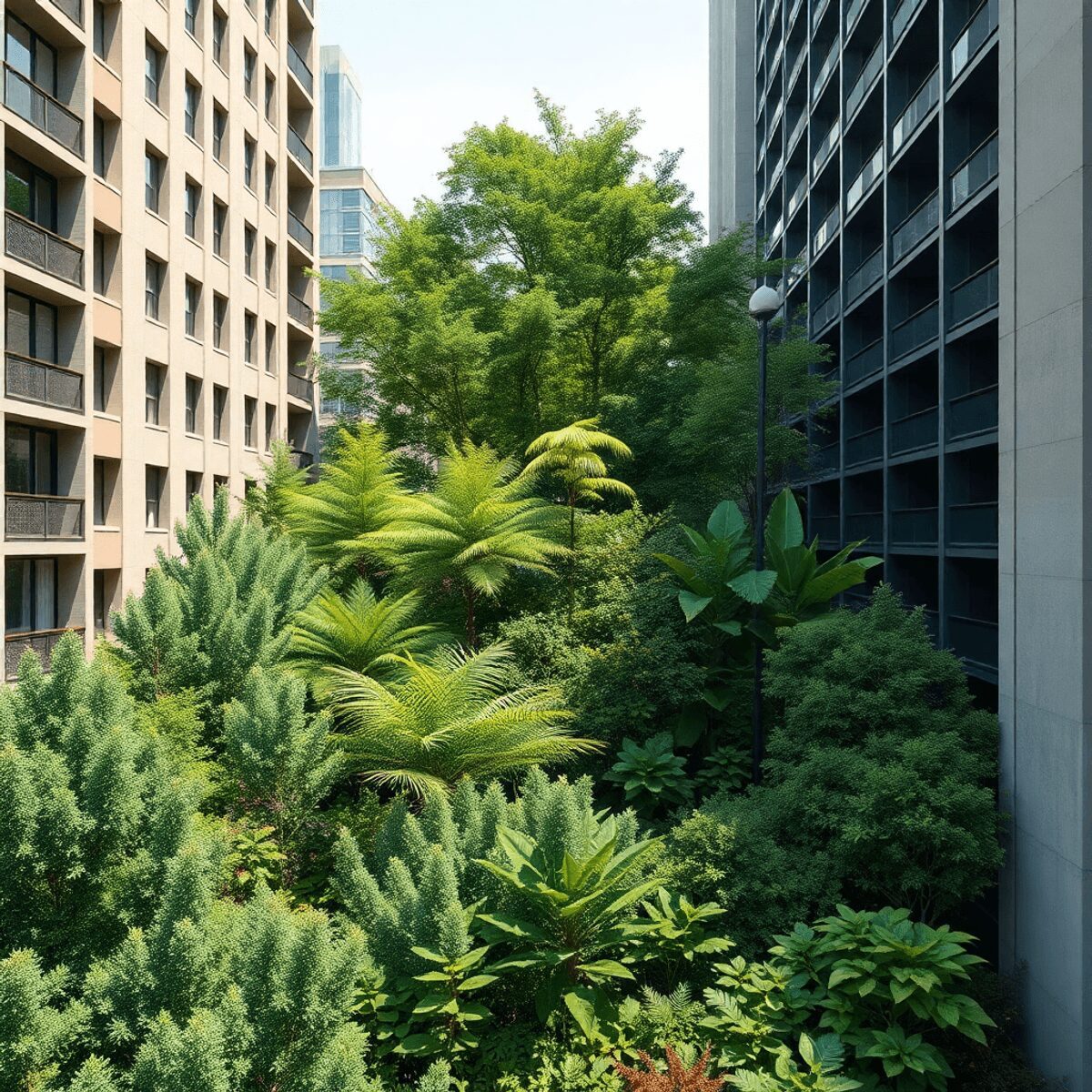 Forêt urbaine dense avec des arbres et des arbustes indigènes entre des bâtiments modernes sous un ciel dégagé, mettant en valeur un espace vert du...