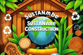 Illustration de la construction durable utilisant du bois et du bambou, entourée de feuilles vertes, d'icônes de recyclage et d'un globe symbolisan...