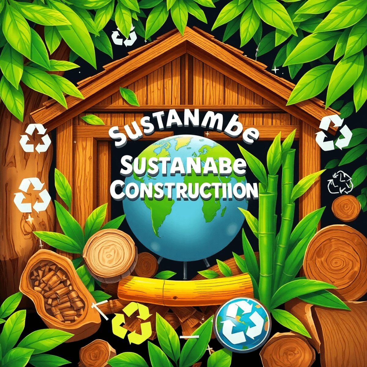 Illustration de la construction durable utilisant du bois et du bambou, entourée de feuilles vertes, d'icônes de recyclage et d'un globe symbolisan...
