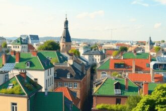 Paysage urbain européen moderne avec des toits verts, des panneaux solaires et des bâtiments écologiques sous un ciel dégagé, mettant en avant la d...